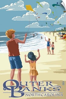 Outer Banks, North Carolina - Kite Flyers: Retro Travel Poster