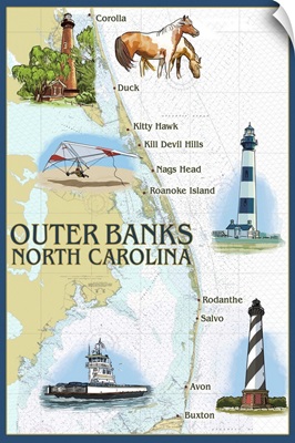 Outer Banks, North Carolina - Nautical Chart: Retro Travel Poster