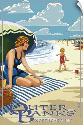Outer Banks, North Carolina - Woman on Beach: Retro Travel Poster