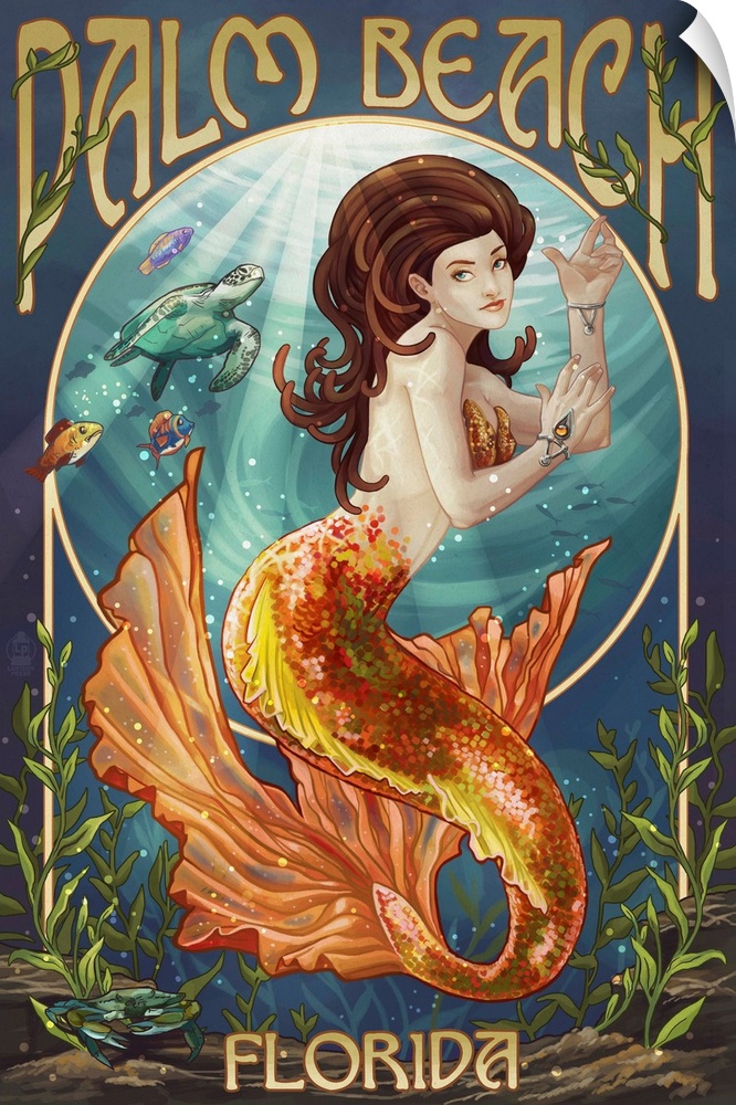 Palm Beach, Florida - Mermaid Scene: Retro Travel Poster
