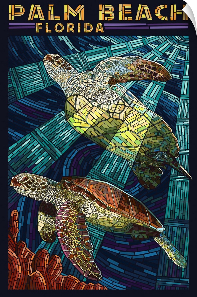 Palm Beach, Florida - Sea Turtle Paper Mosaic: Retro Travel Poster