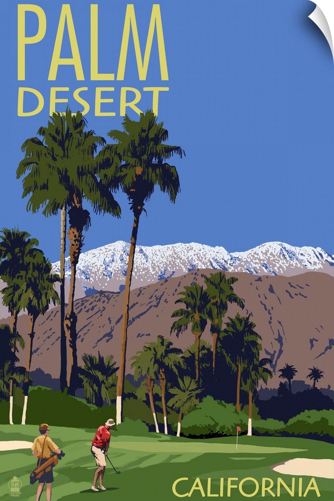 Retro stylized art poster of golfers on a golf course with tall palms and a mountainous background.