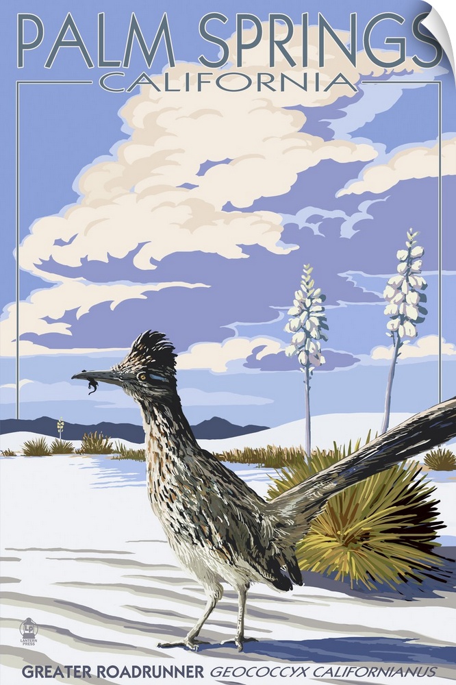 Retro stylized art poster of roadrunner bird standing on white desert sands.