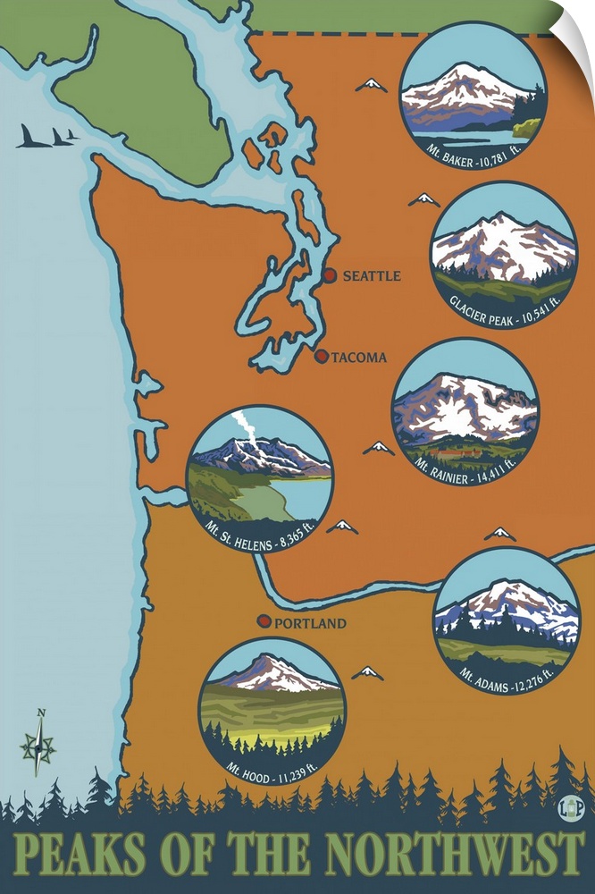 Peaks of the Northwest - 6 Different Mountains: Retro Travel Poster