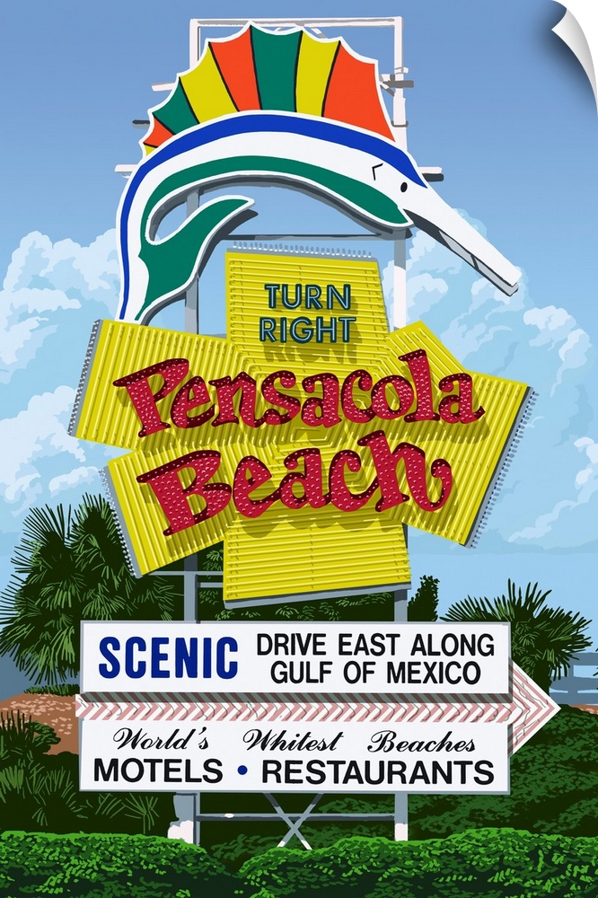 Retro stylized art poster of a retro sign advertising a beach, with a sailfish at the top of the sign.