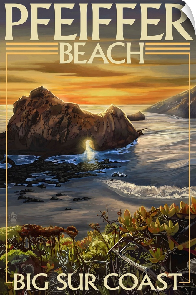 Retro stylized art poster of a natural rock arch along the shoreline of a cove.