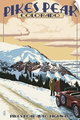 Pikes Peak, Colorado - Winter Scene from Pikes Peak Highway: Retro Travel Poster