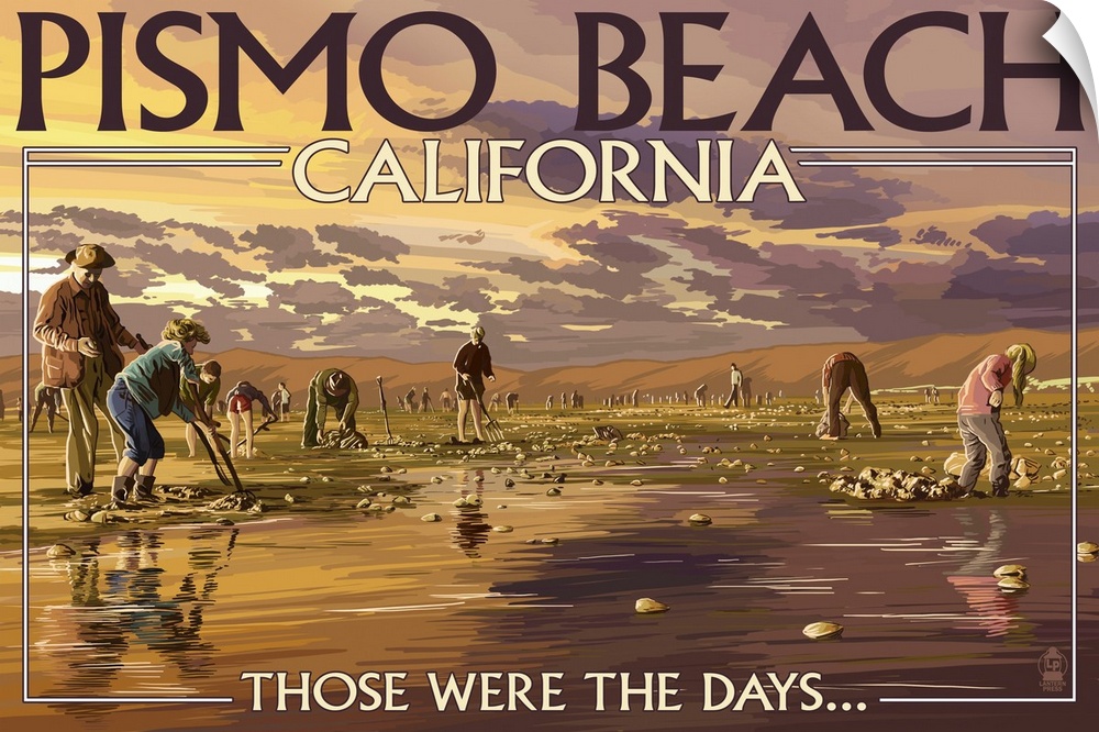 Retro stylized art poster of a coastal scene, with people digging for clams.