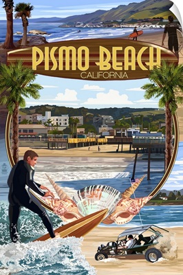 Pismo Beach, California - Montage Scenes: Retro Travel Poster