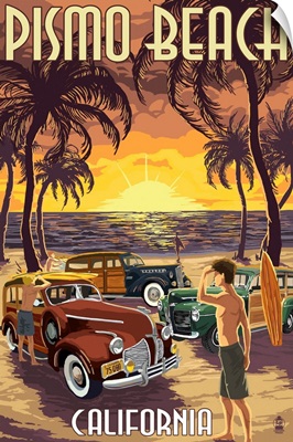 Pismo Beach, California - Woodies and Sunset: Retro Travel Poster