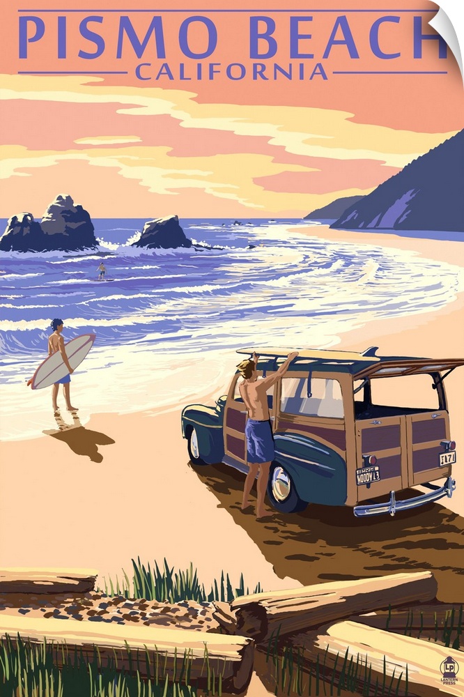 Retro stylized art poster of two people and a vintage car on  a beach sunset with surfboards.