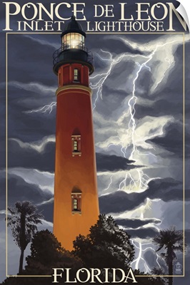 Ponce De Leon Inlet Lighthouse, Florida - Lightning at Night: Retro Travel Poster