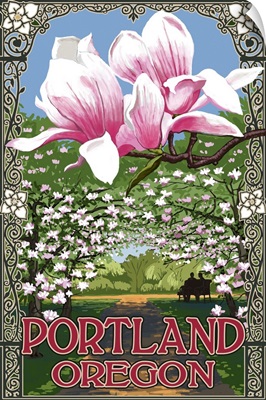 Portland, Oregon - Garden and Magnolia Scene: Retro Travel Poster