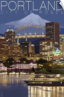 Portland, Oregon - Skyline at Night: Retro Travel Poster