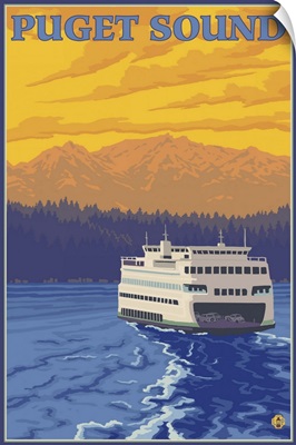 Puget Sound - Ferry and Mountains: Retro Travel Poster