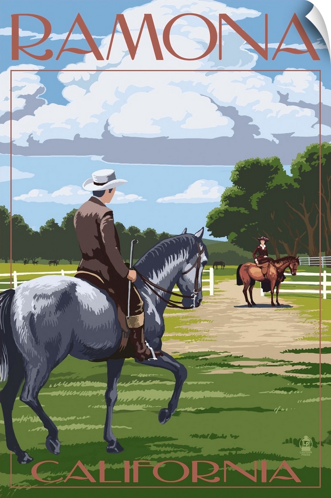 Retro stylized art poster of a man on a horse at a thoroughbred horse farm.