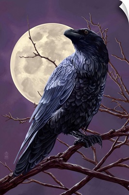 Raven and Moon Purple Sky: Retro Poster Art