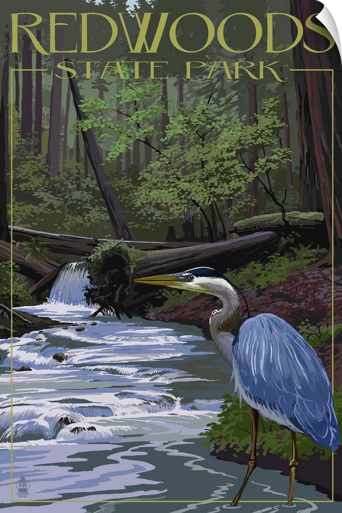 Retro stylized art poster of a blue heron alongside a stream, in a dense forest.