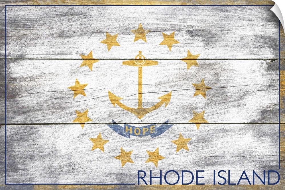 The flag of Rhode Island with a weathered wooden board effect.