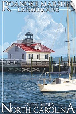 Roanoke Marshes Lighthouse - Outer Banks, North Carolina: Retro Travel Poster