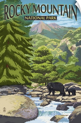 Rocky Mountain National Park, Bears Walking: Retro Travel Poster