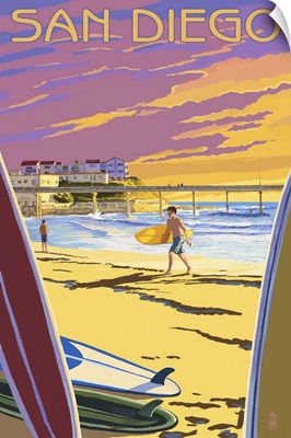 San Diego, California - Beach and Pier: Retro Travel Poster
