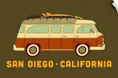 San Diego, California - Camper Van with Surfboard - Geometric