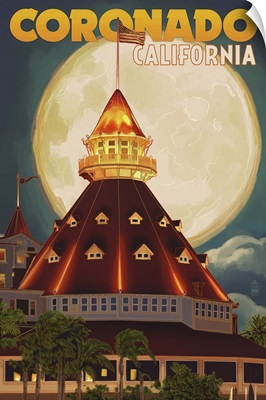San Diego, California - Hotel Del Coronado and Moon: Retro Travel Poster