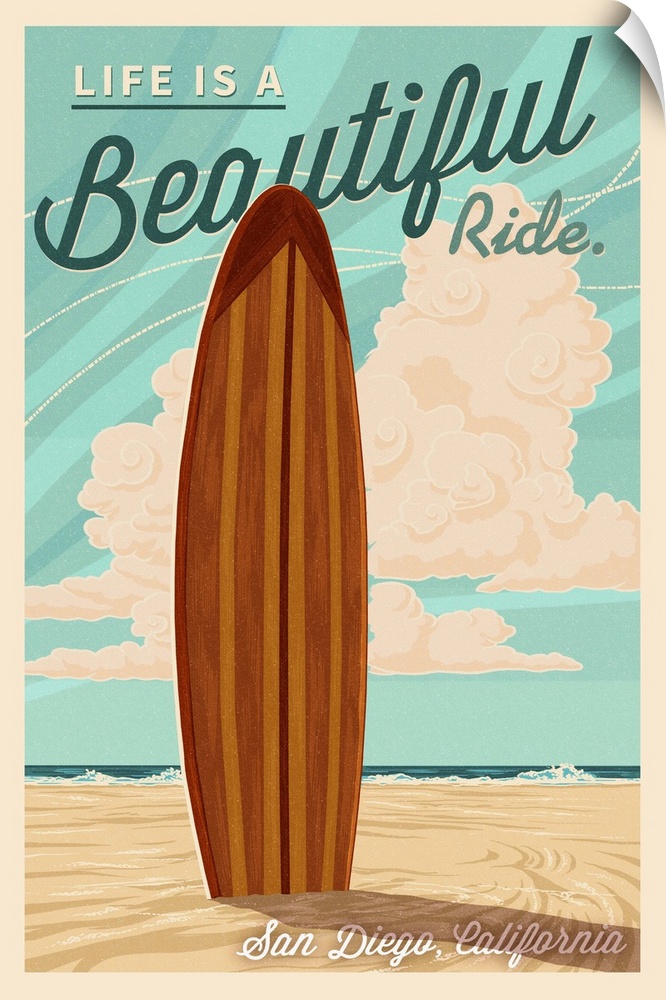 San Diego, California, Life is a Beautiful Ride, Surfboard, Letterpress