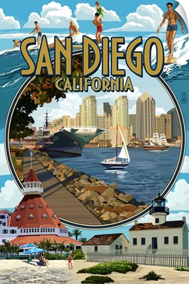 San Diego, California Montage: Retro Travel Poster