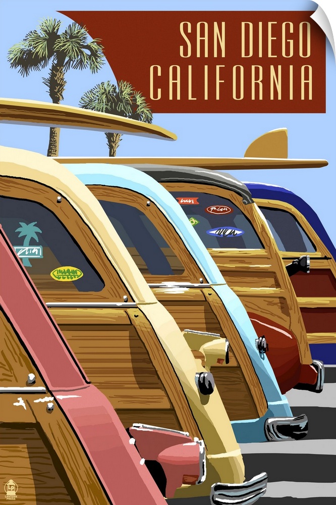 San Diego, California - Woodies Lined Up: Retro Travel Poster
