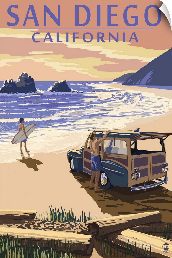 San Diego, California - Woody on Beach: Retro Travel Poster