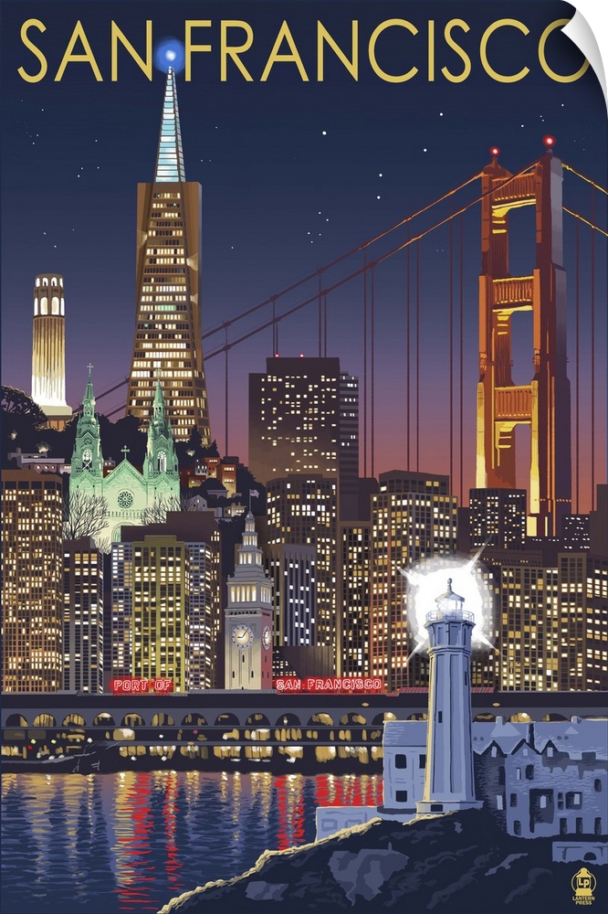 San Francisco, California Skyline at Night: Retro Travel Poster