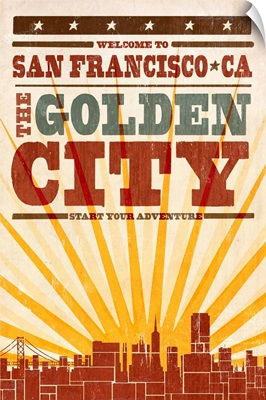 San Francisco, California, Skyline, Sunburst Screenprint Style