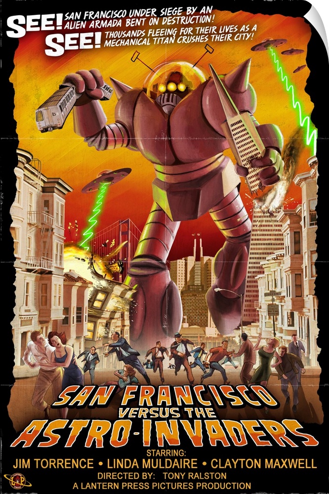 Retro stylized art poster of an alien robot invader wreaking havoc on a city.