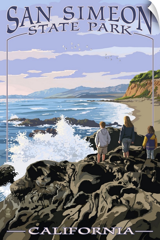 Retro stylized art poster of a group of people standing on rocks looking out over the ocean.