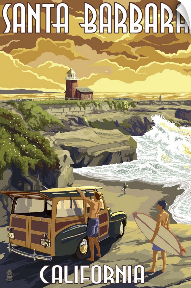 Retro stylized art poster of surfers and a old car on the beach at sunset.