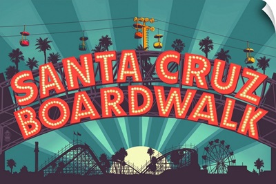 Santa Cruz, California - Beach Boardwalk Sign at Night: Retro Travel Poster