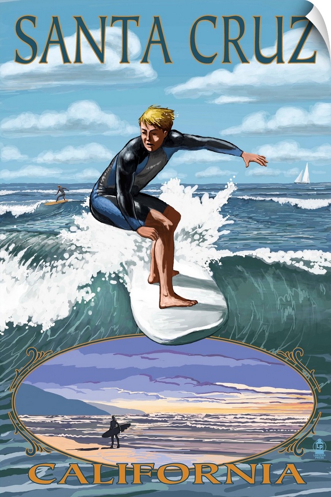Retro stylized art poster of a surfer riding a wave. With a vignette of a surfer walking along the beach at the bottom of ...
