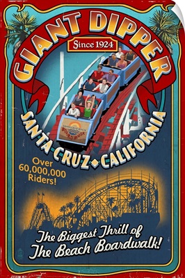 Santa Cruz, California - Giant Dipper Roller Coaster Vintage Sign: Retro Travel Poster