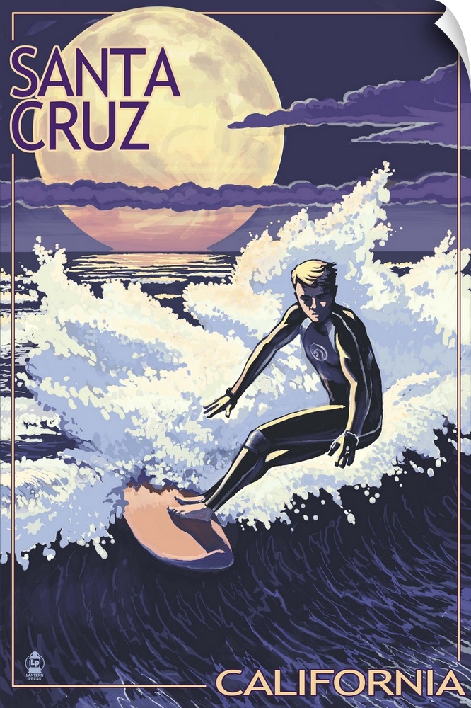Retro stylized art poster of a surfer riding a wave at night, with a giant moon in the sky.