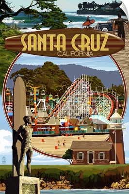 Santa Cruz, California - Scenes Montage: Retro Travel Poster