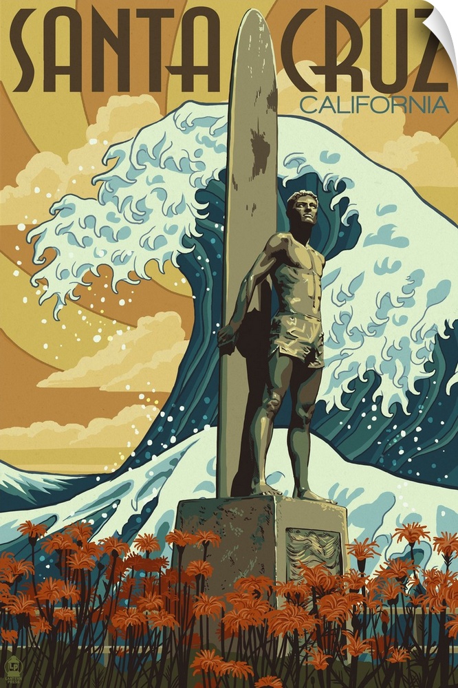 Retro stylized art poster of a statue of a surfer with a longboard, with a giant wave in the background.