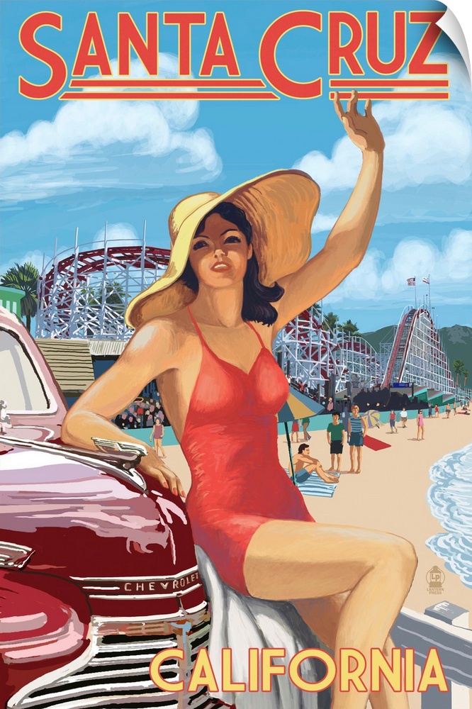 Santa Cruz, California - Woman Waving and Rides: Retro Travel Poster