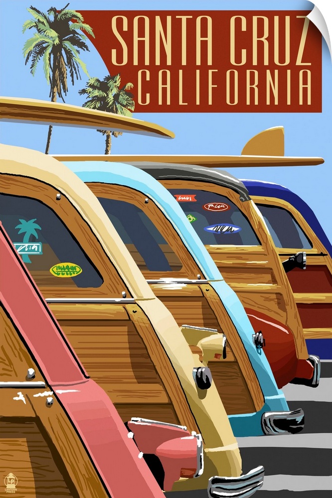 Retro stylized art poster of a row of vintage woody wagons, with surfboard on top of them.