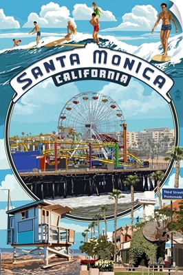 Santa Monica, California - Montage Scenes: Retro Travel Poster