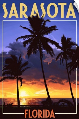 Sarasota, Florida - Palms and Sunset: Retro Travel Poster