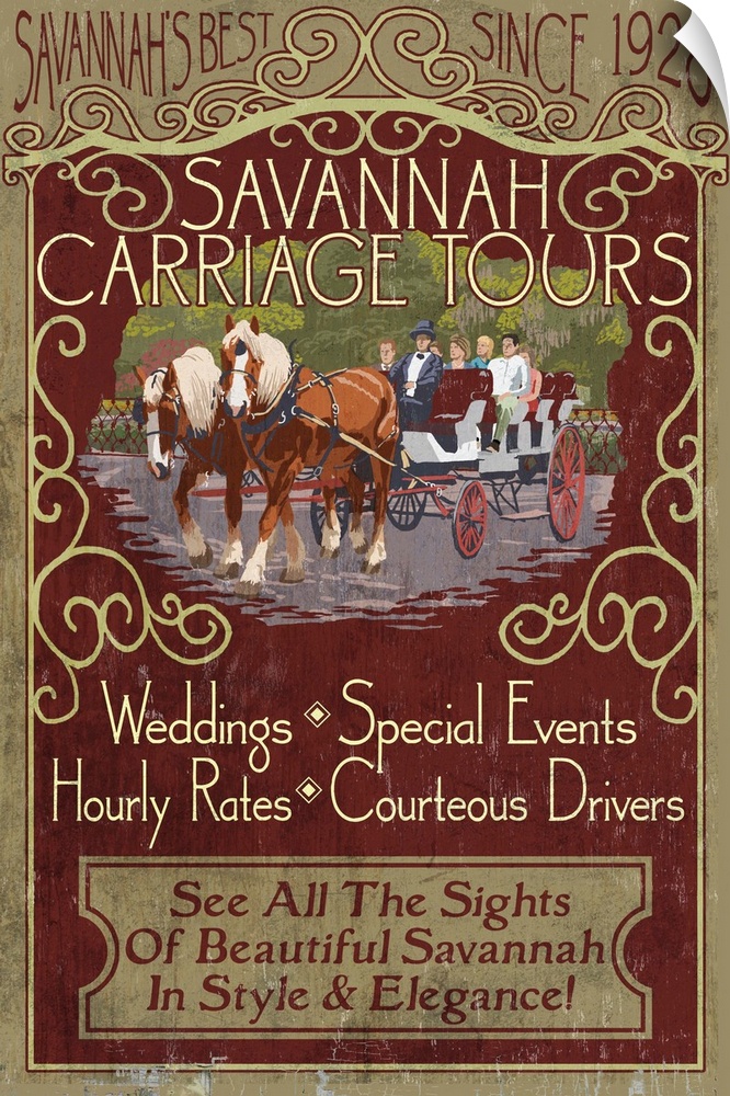 Retro stylized art poster of vintage sign for carriage tours, with a horse drawn carriage.