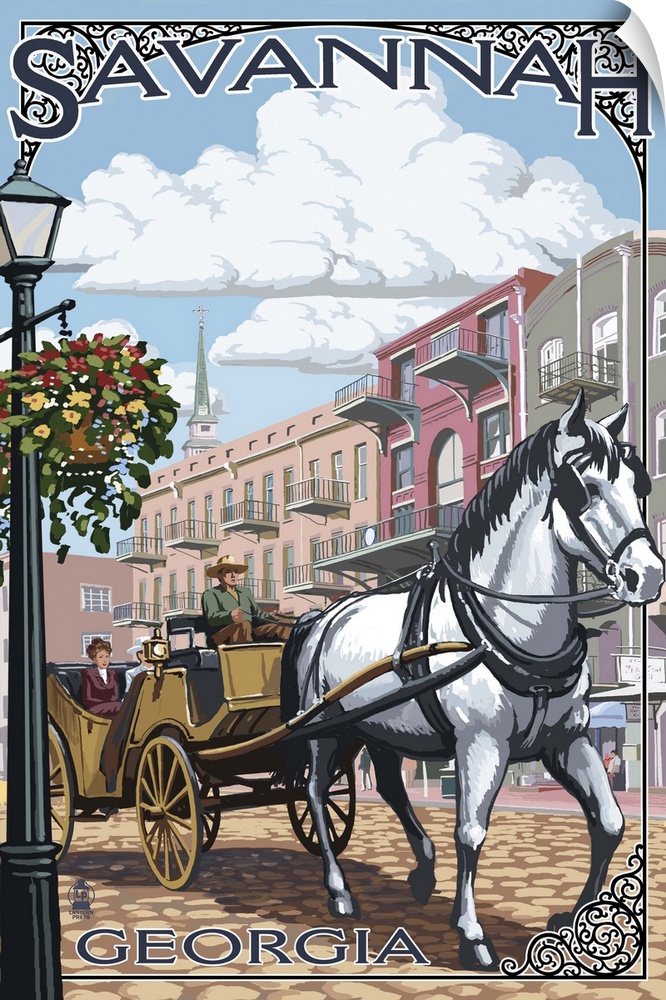 Retro stylized art poster of a white horse pulling a carriage on a coblestone road