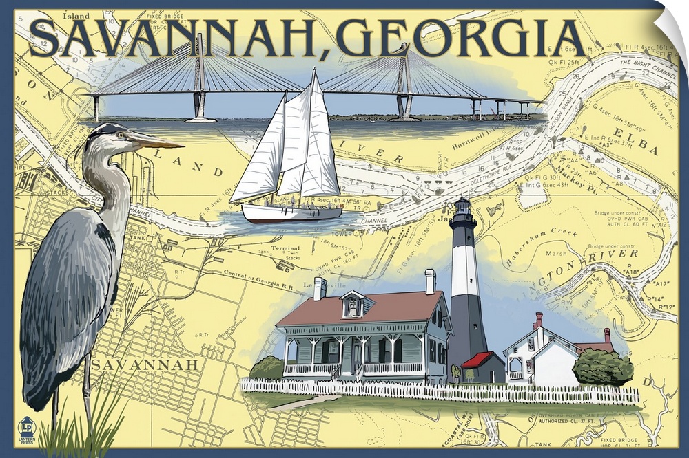 Retro stylized art poster of map with a blue heron, a sailboat and a lighthouse.